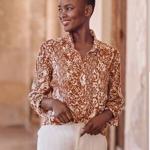 Garnet Hill Easy Linen Button Down Shirt Brown Orange Ikat Print